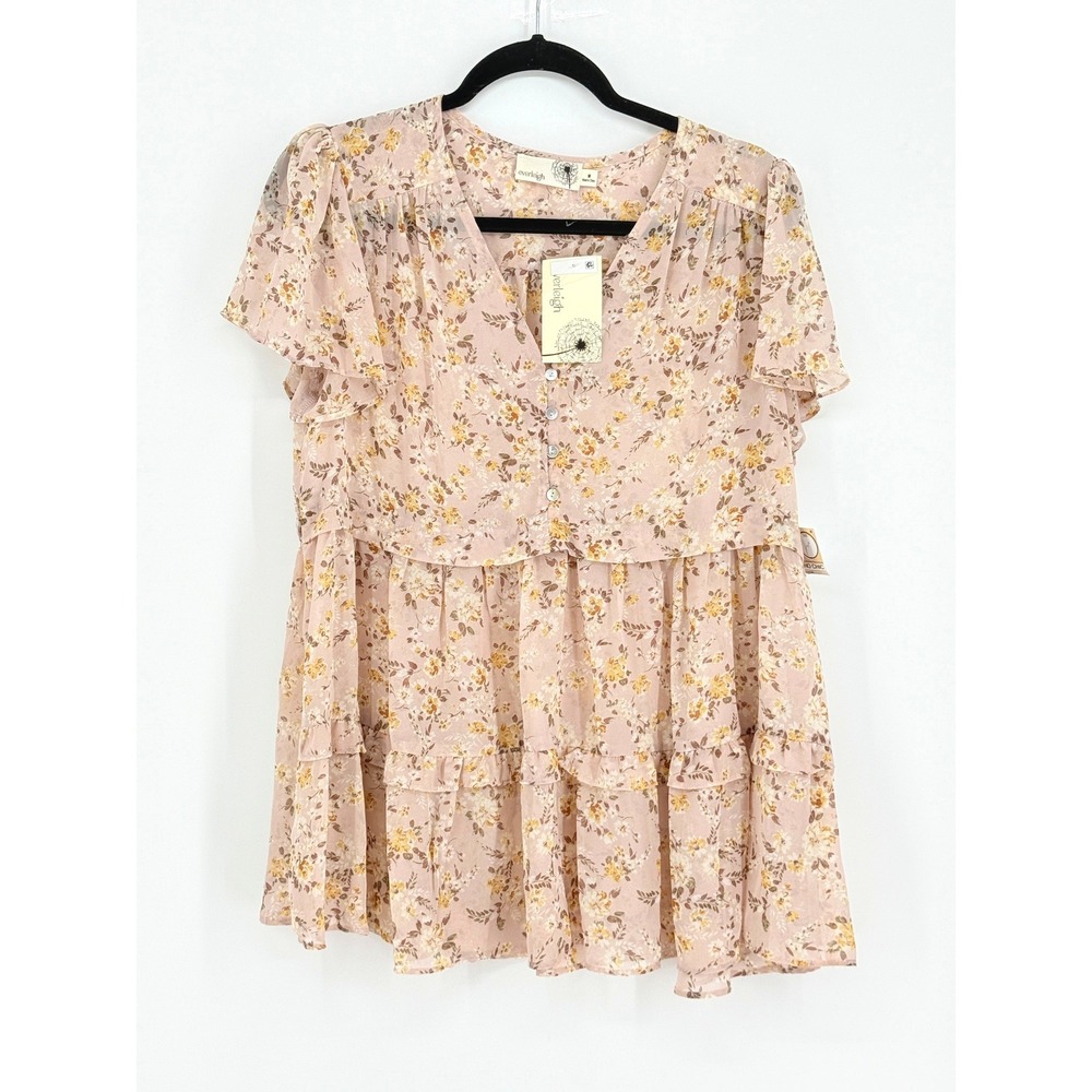 Everleigh New Floral Sheer Fairy Y2k Babydoll Top Pink Chiffon Size M Boho Past
